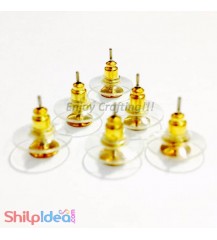 Earring Studs 6mm - Flat with Stoppers - Golden - 2 Pairs